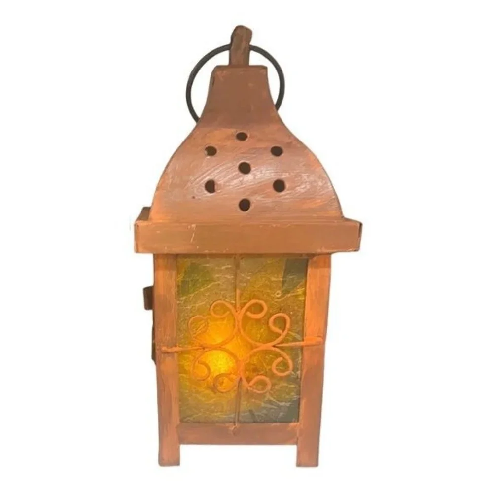 Decoupaged and Hand-Painted Candle Metal Lantern Candle Holder For Fall Decor